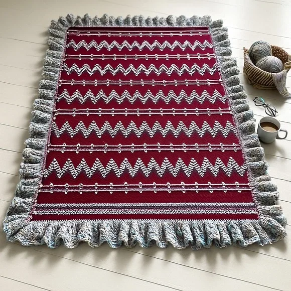 Vintage Crochet Ruffle Hem Handmade Blanket chevron stripe